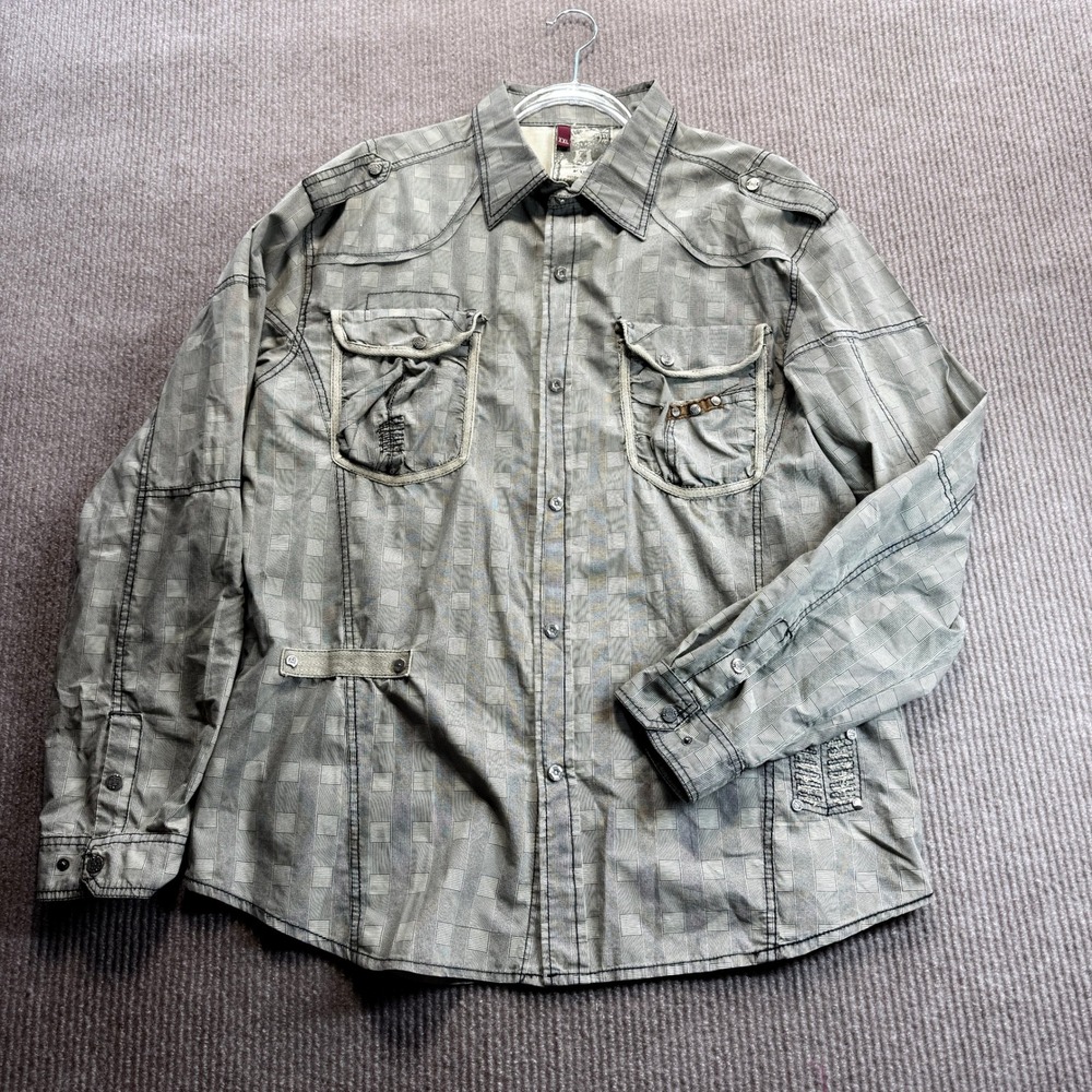 F.U.S.A.I. Mens XXL Green Geometric Utility Y2K Industrial Streetwear Shirt